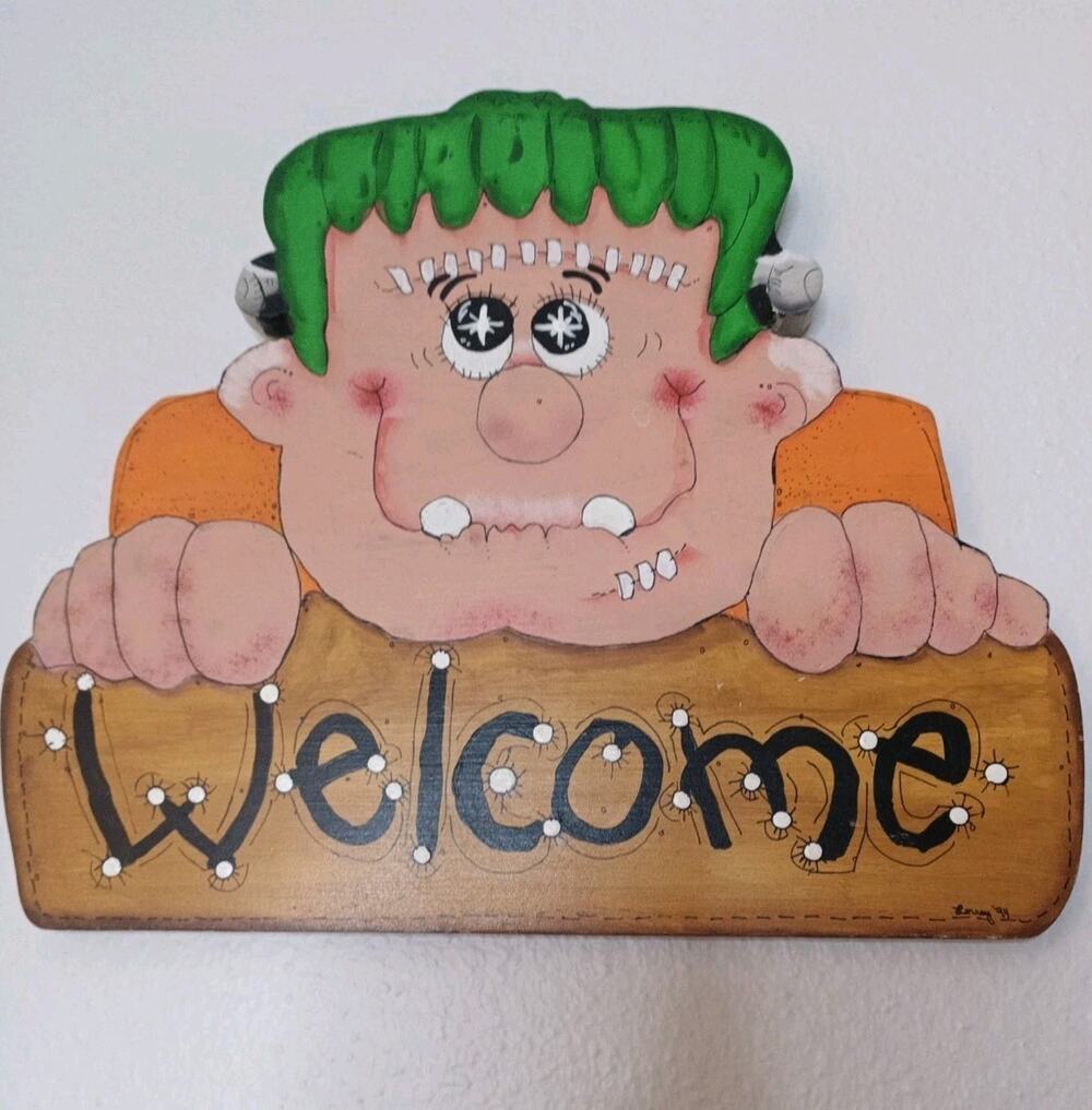 Hand Painted Frankenstein Monster Vintage Wood Art Halloween Signed '94 Spooky